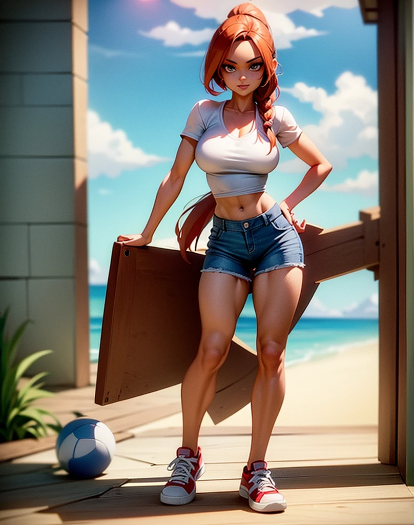 Chica bandicoot, sexy young girl, good body, strong red hair, long ponytail hair, blue eyes, blue jeans, White shirt, white tennis shoes, standing, 