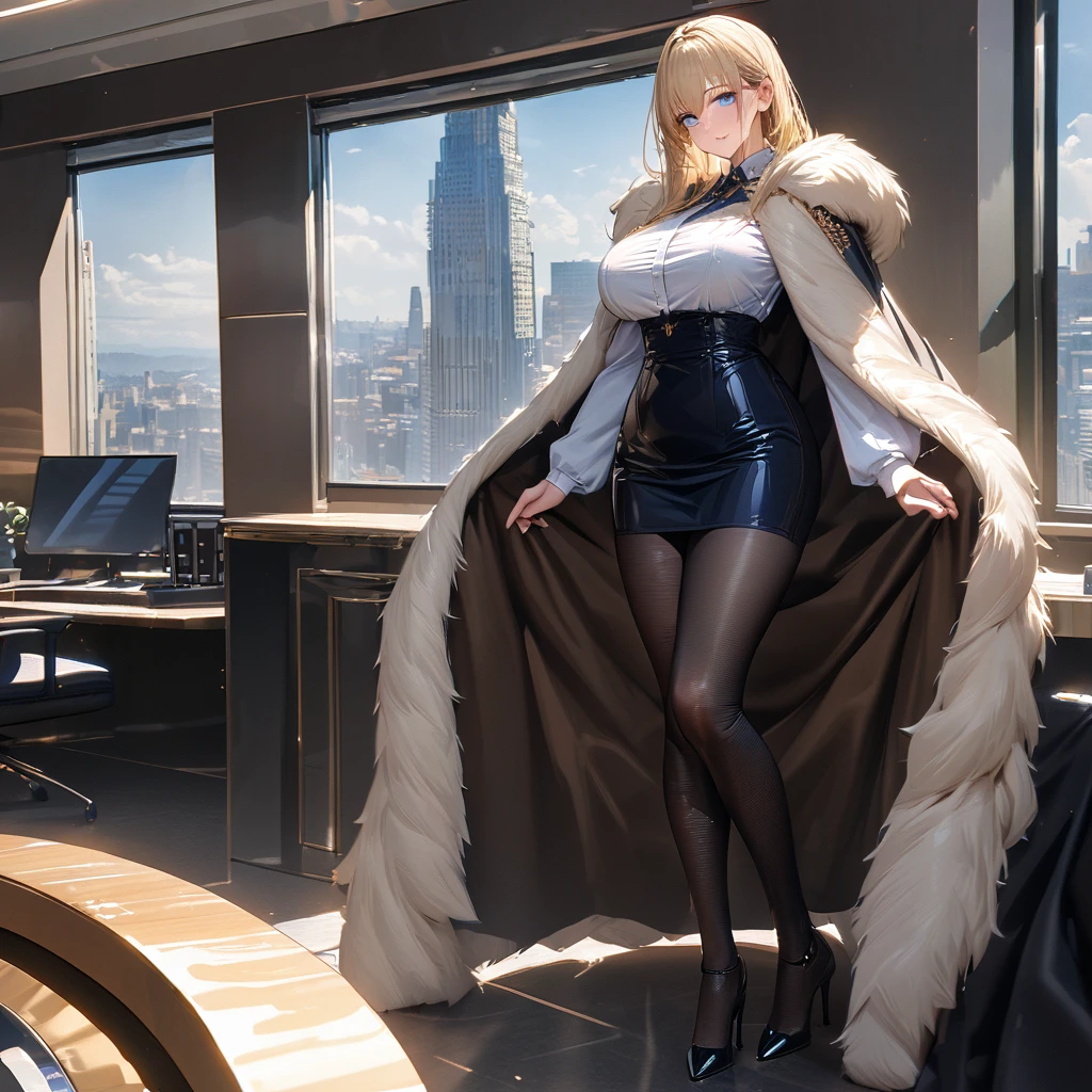 A woman wearing a white long-sleeved t-shirt, black office girl skirt, black transparent tights, black heels, big breasts, wearing a luxury fur cape, long cape, cape with white details, long blonde hair, blue eyes, smiling , standing, in a luxury office with white walls, luxurious blue glass window, luxury weights,,UHD , prime work , accurate , anatomically correct , textured skin , super details , high quality , best quality, 8k, high resolution, bokeh effect. (woman alone), close view. realistic,