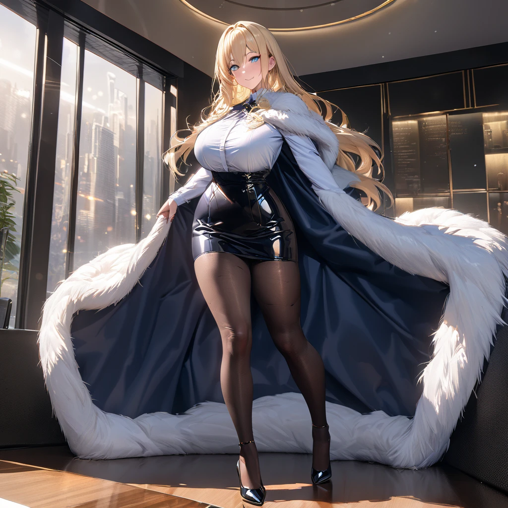 A woman wearing a white long-sleeved t-shirt, black office girl skirt, black transparent tights, black heels, big breasts, wearing a luxury fur cape, long cape, cape with white details, long blonde hair, blue eyes, smiling , standing, in a luxury office with white walls, luxurious blue glass window, luxury weights,,UHD , prime work , accurate , anatomically correct , textured skin , super details , high quality , best quality, 8k, high resolution, bokeh effect. (woman alone), close view. realistic,