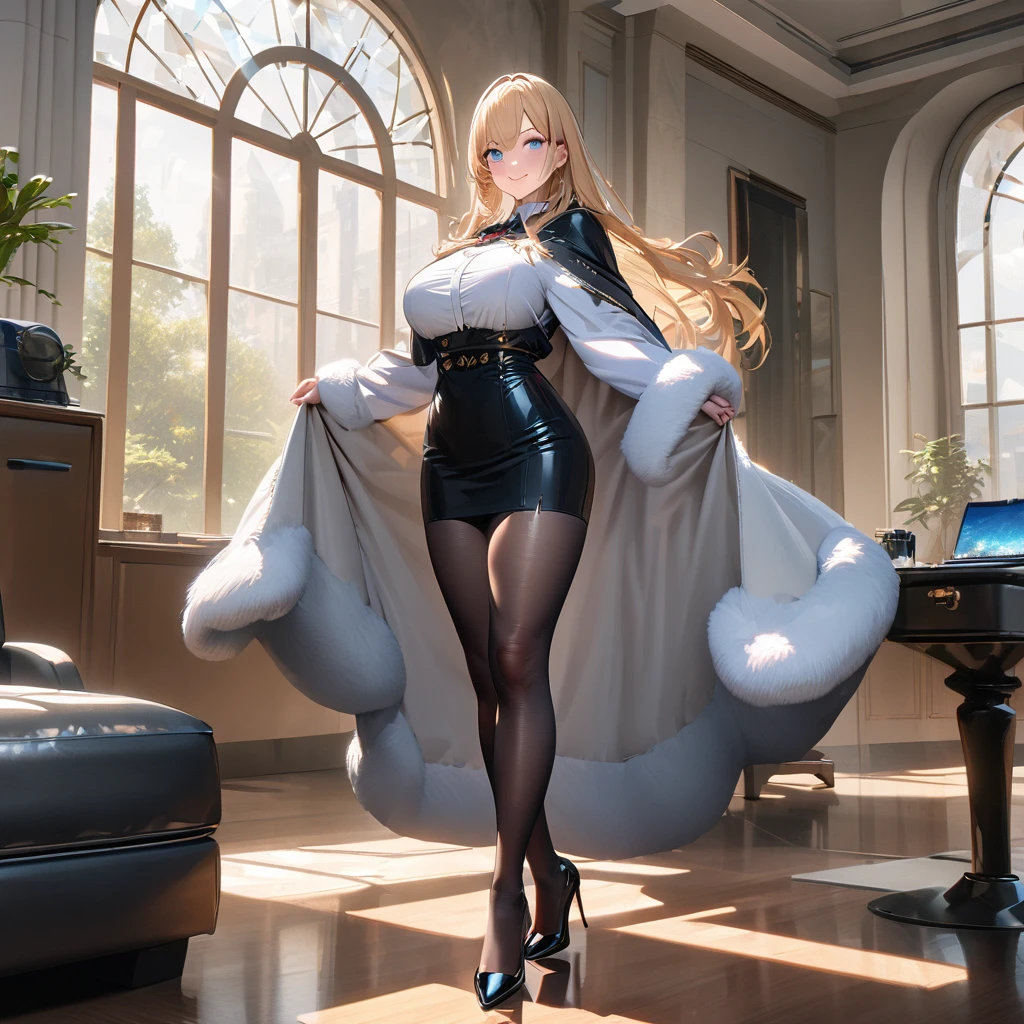 A woman wearing a white long-sleeved t-shirt, black office girl skirt, black transparent tights, black heels, big breasts, wearing a luxury fur cape, long cape, cape with red details, long blonde hair, blue eyes, smiling , standing, in a luxury office with white walls, luxurious blue glass window, luxury weights,,UHD , prime work , accurate , anatomically correct , textured skin , super details , high quality , best quality, 8k, high resolution, bokeh effect. (woman alone), close view. realistic
