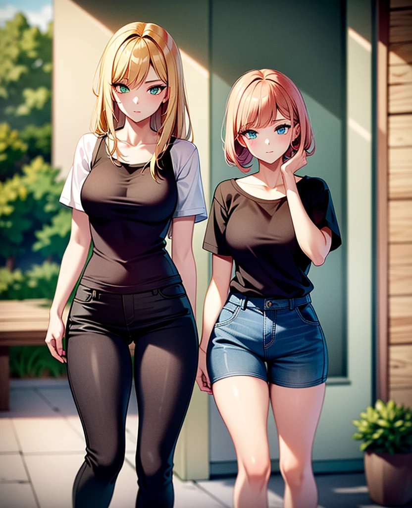 two girls, a blonde girl with green eyes, second redhead girl with blue eyes, with casual clothes