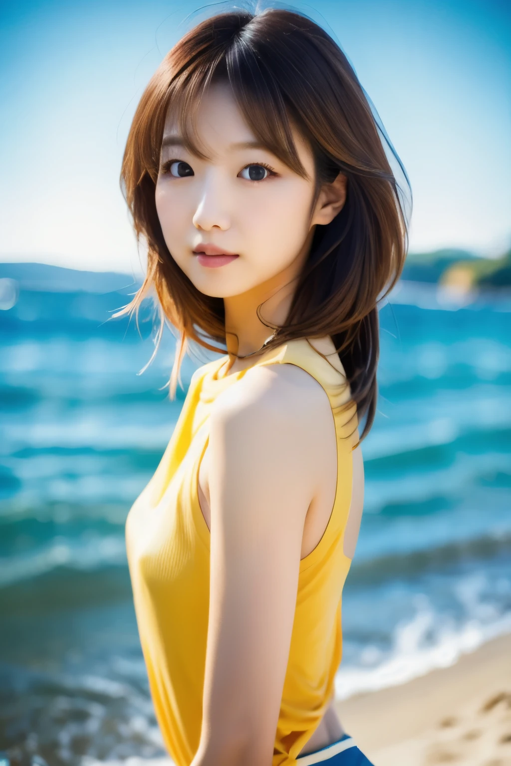 Masterpiece, Top quality, realistic, anatomically correct human body structure, very detailed, very delicate and beautiful, RAW photography, beach, professional lighting, luminescence, depth of field, single focal, full body, Skinny Japanese lady, 40 years old, brown hair, small head, beautiful eyes, real face, realistic skin, detailed eyes, (fashionable hairstyle: 1.3), sexy pose, absurderes, Incredibly Ridiculous res, Extremely fine, Blouse, long skirt