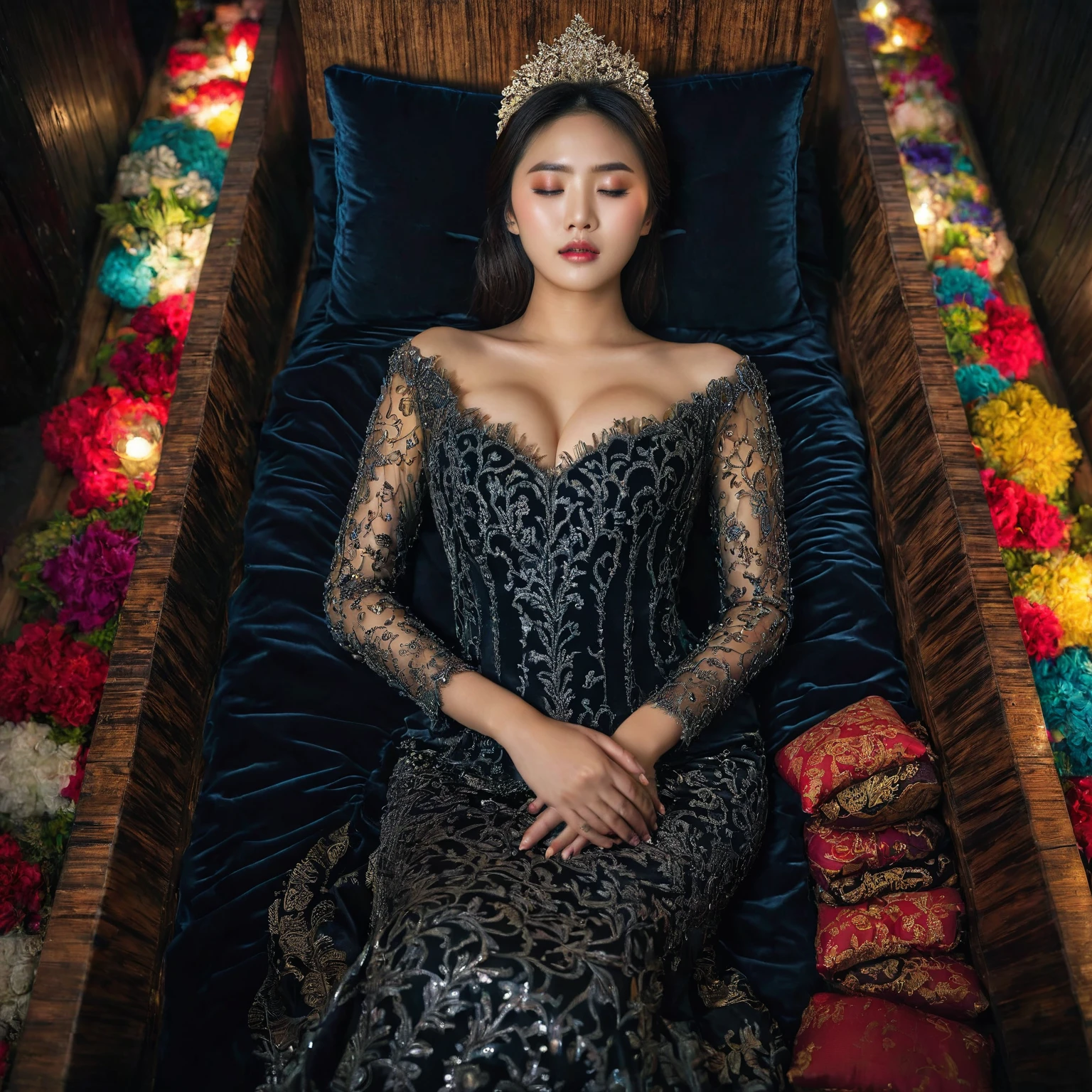 In a striking 8K HDR scene, a stunning Korean woman, 22 years old, lies peacefully in a black coffin surrounded by plush pillows. The deep box is set against a rich black background, accentuating the beauty of the subject. Her exquisite kebaya attire is embroidered with superb detail, showcasing her round and firm breasts, perfect cleavage, and beautiful eyebrows. Her closed eyes and mouth give an air of serenity, while her visible and absolute cleavage leave nothing to imagination. The scene is bathed in saturated colors, highlighting every intricate aspect from the ball skirt to her clean face, straight body, detailed hand perfect hands, straight body.