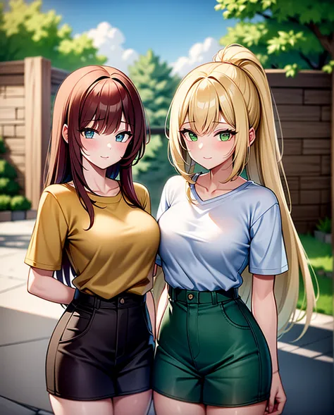 two girls, a girl light yellow hair with green eyes, second girl dark red hair blue eyes, with casual clothes