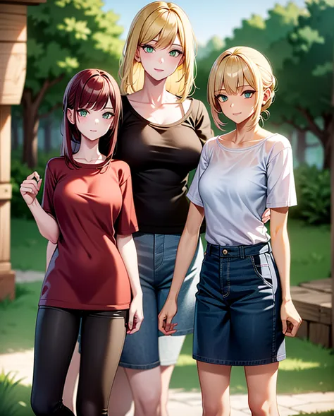 two girls, a girl light yellow hair with green eyes, second girl dark red hair blue eyes, with casual clothes