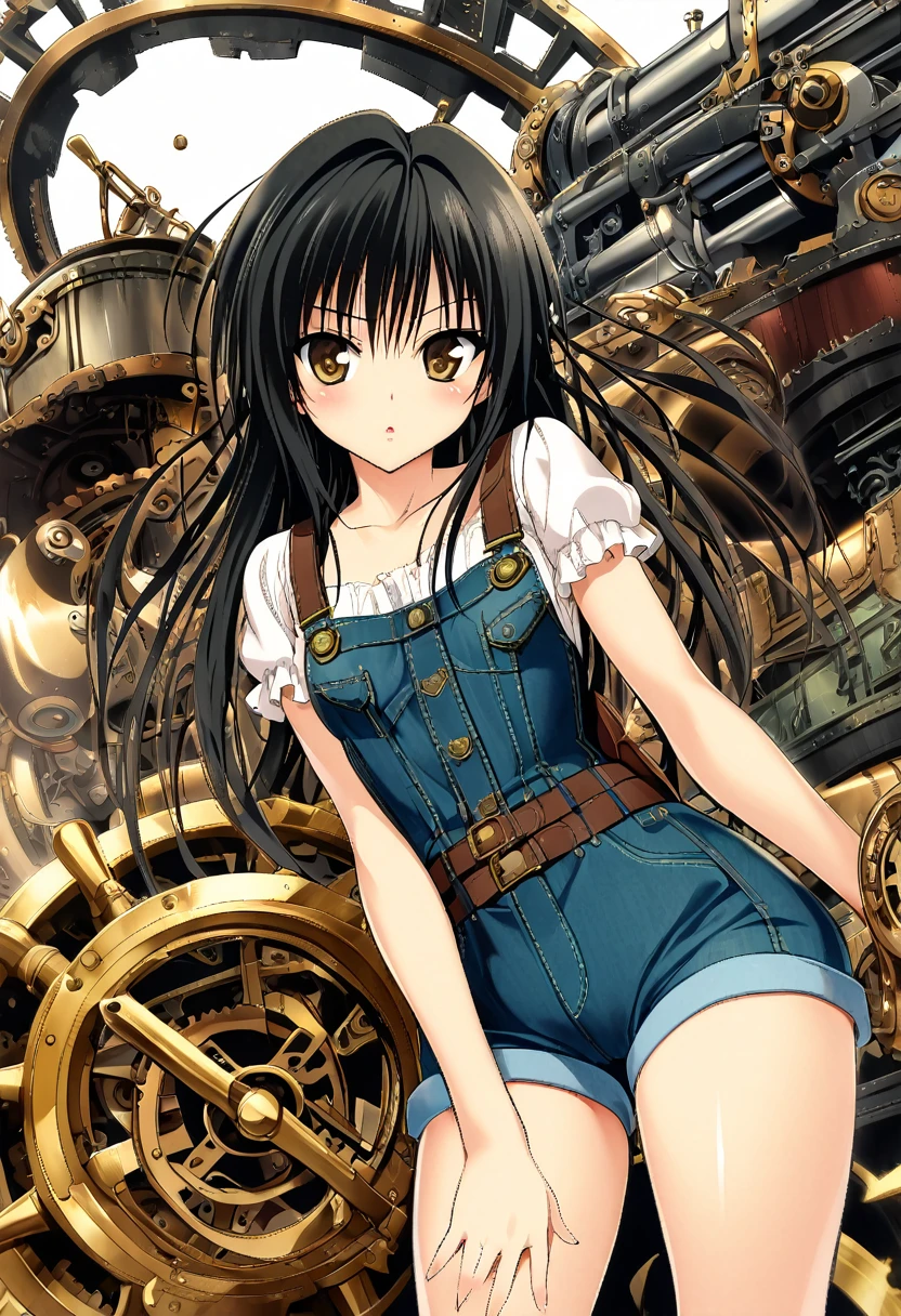 One girl, kotegawa yui, to love-ru,perfect body,black Hair, long Hair, brown eyes,
break,A steampunk aesthetic with Victorian-era machinery, brass gears, and an overall retro-futuristic feel."
