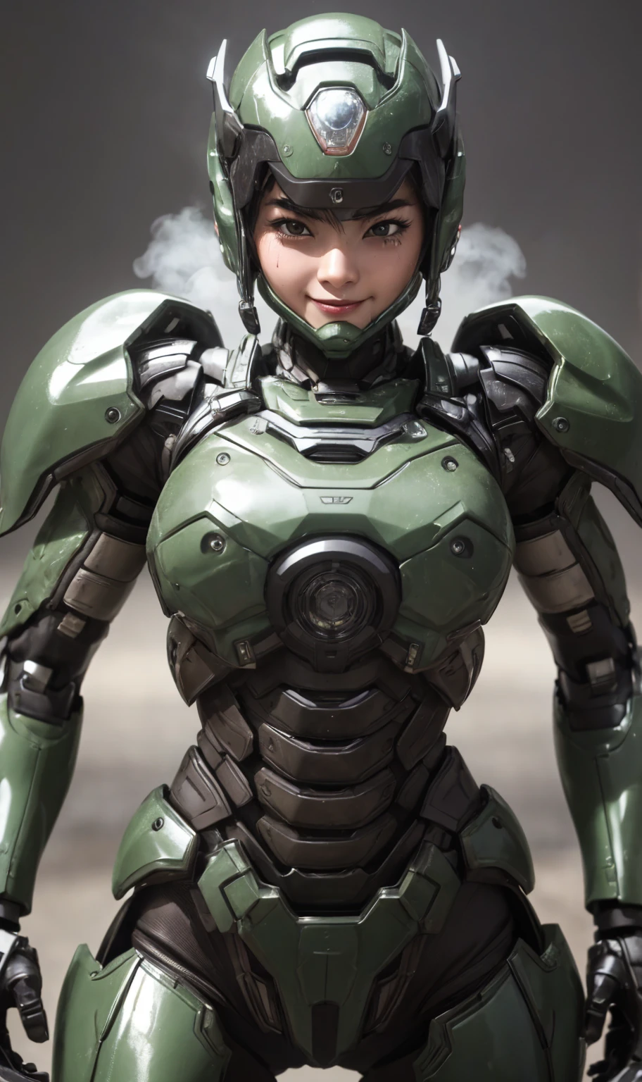 Textured skin, Super detailed, Attention to detail, high quality, 最high quality, High resolution, 1080P, hard disk, beautiful,(War Machine),Beautiful cyborg woman,Dark Green Mecha Cyborg Girl,battle,Girl with a mechanical body,、Thick eyebrows　middle School girls　Boyish short hair、Sweaty brown eyes、Sweaty face、Expressions of joy　Blushing　Open mouth laughing　very loud laugh　Cute Smile　Black-haired　((Steam coming out of the head)) (Steam coming out of the whole body) Cool pose　Gloss　Sweat flying