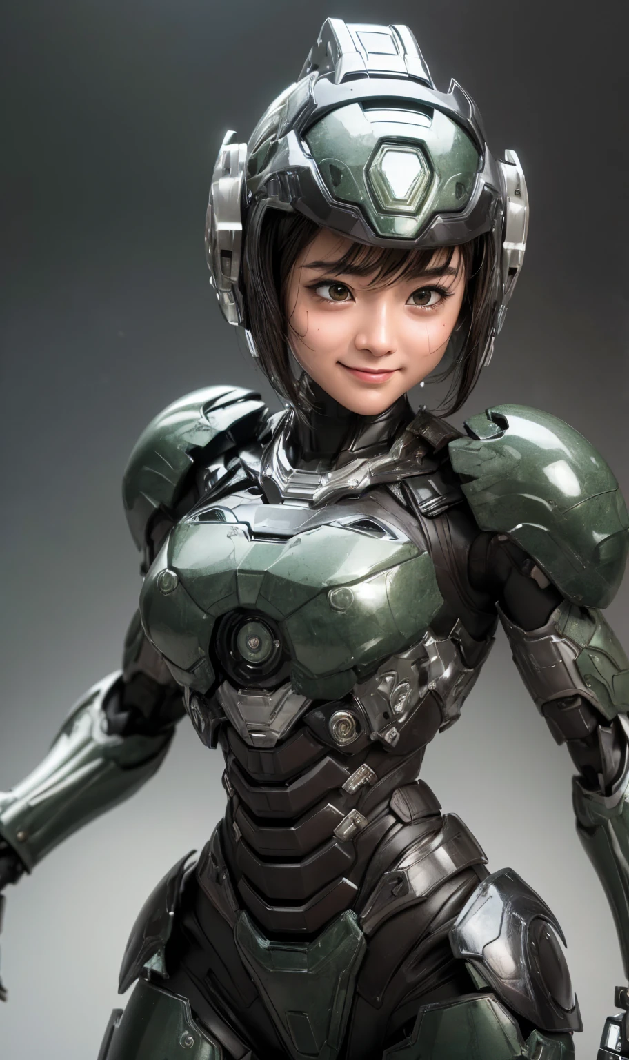 peau texturée, Super détaillé, Attention au détail, Haute qualité, 最Haute qualité, haute résolution, 1080P, disque dur, Beau,(machine de guerre),Beauサイボーグ女性,Fille Cyborg Mecha Vert Foncé,bataille,Fille au corps mécanique,、sourcils épais　filles du collège　Cheveux courts de garçon、Yeux marron moites、Visage en sueur、Expressions de joie　rougir　bouche ouverte, rire　rire très fort　Sourire mignon　Aux cheveux noirs　((De la vapeur sort de la tête)) (Vapeur sortant de tout le corps) pose cool　Brillant　la sueur vole