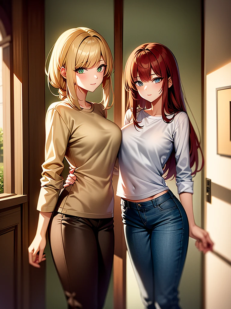 two girls, a girl with long light yellow hair and green eyes, second girl long dark red hair blue eyes, with casual clothes