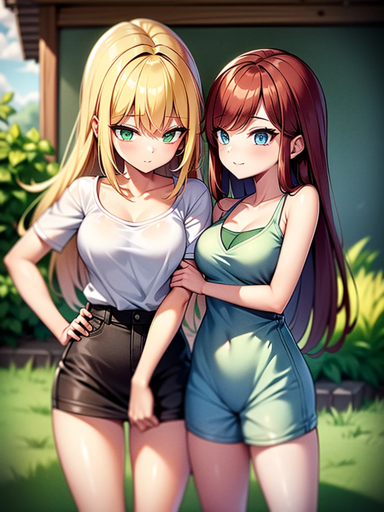 two girls, a girl with long light yellow hair and green eyes, second girl long dark red hair blue eyes, with casual clothes