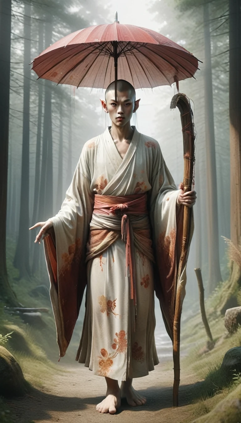 High resolution,8K,Appearance: The large entrance is very large.、Generally, they are several times larger than an average human.。Its body length can reach several metres、Has a very large body。
clothing: They are generally dressed in traditional monk clothing.、Robe（Kesa）They often wear robes and。
head: The O-nyūdō is usually、headに笠（umbrella）He is wearing a、Their faces may have features that are different from normal human faces.。
What is characteristic: Characteristics of the O-nyūdō、There is one eye、The skin may be unusually pale。Also、He often carries a walking stick in his hand。
Appearing in the mountains: The Ōnyūdō are mainly found in the mountains and deep forests.、It is said to appear in secluded locations。They generally tend to avoid human contact.、mystical presence。The body is very large。