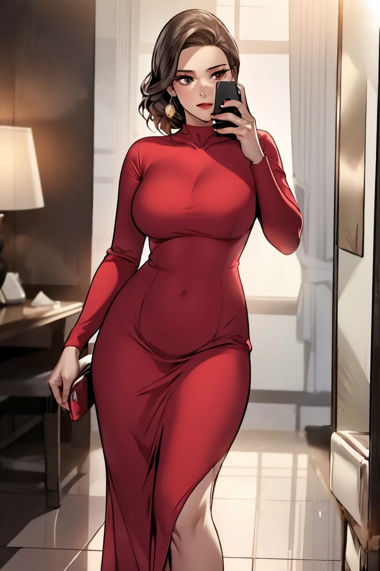 there is a woman taking a selfie in a mirror, sexy red dress, tight dress, red dress, wearing red dress, wearing a red dress, in a red dress, 30-year-old woman from cuba, sexy dress, full body picture, red hot, skintight dress, red body suit, in a dress, she arrived in a red dress,big breast, milf 