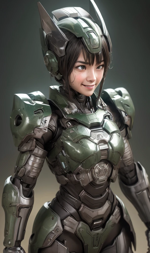 peau texturée, Super détaillé, Attention au détail, Haute qualité, 最Haute qualité, haute résolution, 1080P, disque dur, Beau,(machine de guerre),Beauサイボーグ女性,Fille Cyborg Mecha Vert Foncé,bataille,Fille au corps mécanique,、sourcils épais　filles du collège　Cheveux courts de garçon、Yeux marron moites、Visage en sueur、Expressions de joie　rougir　bouche ouverte, rire　rire très fort　Sourire mignon　Aux cheveux noirs　((De la vapeur sort de la tête)) (Vapeur sortant de tout le corps) pose cool　Brillant　la sueur vole