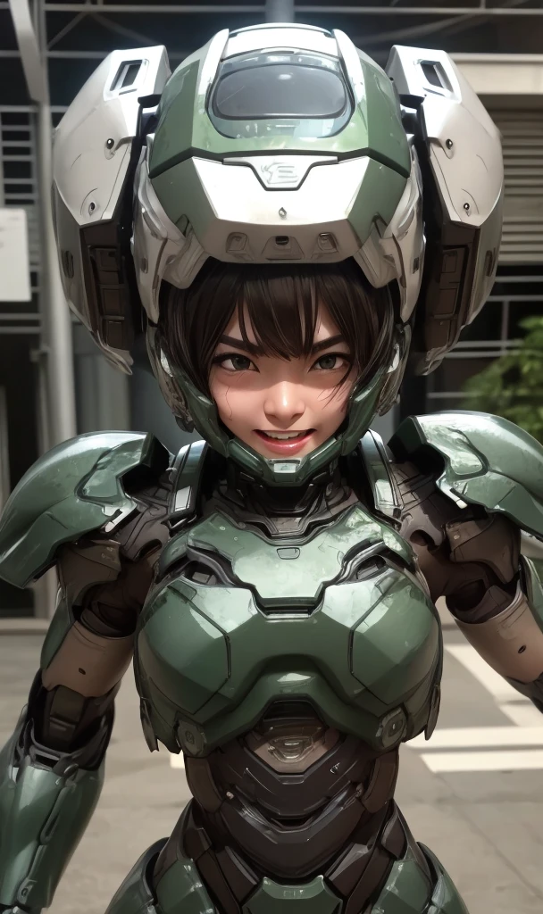 peau texturée, Super détaillé, Attention au détail, Haute qualité, 最Haute qualité, haute résolution, 1080P, disque dur, Beau,(machine de guerre),Beauサイボーグ女性,Fille Cyborg Mecha Vert Foncé,bataille,Fille au corps mécanique,、sourcils épais　filles du collège　Cheveux courts de garçon、Yeux marron moites、Visage en sueur、Expressions de joie　rougir　bouche ouverte, rire　rire très fort　Sourire mignon　Aux cheveux noirs　((De la vapeur sort de la tête)) (Vapeur sortant de tout le corps) pose cool　Brillant　la sueur vole