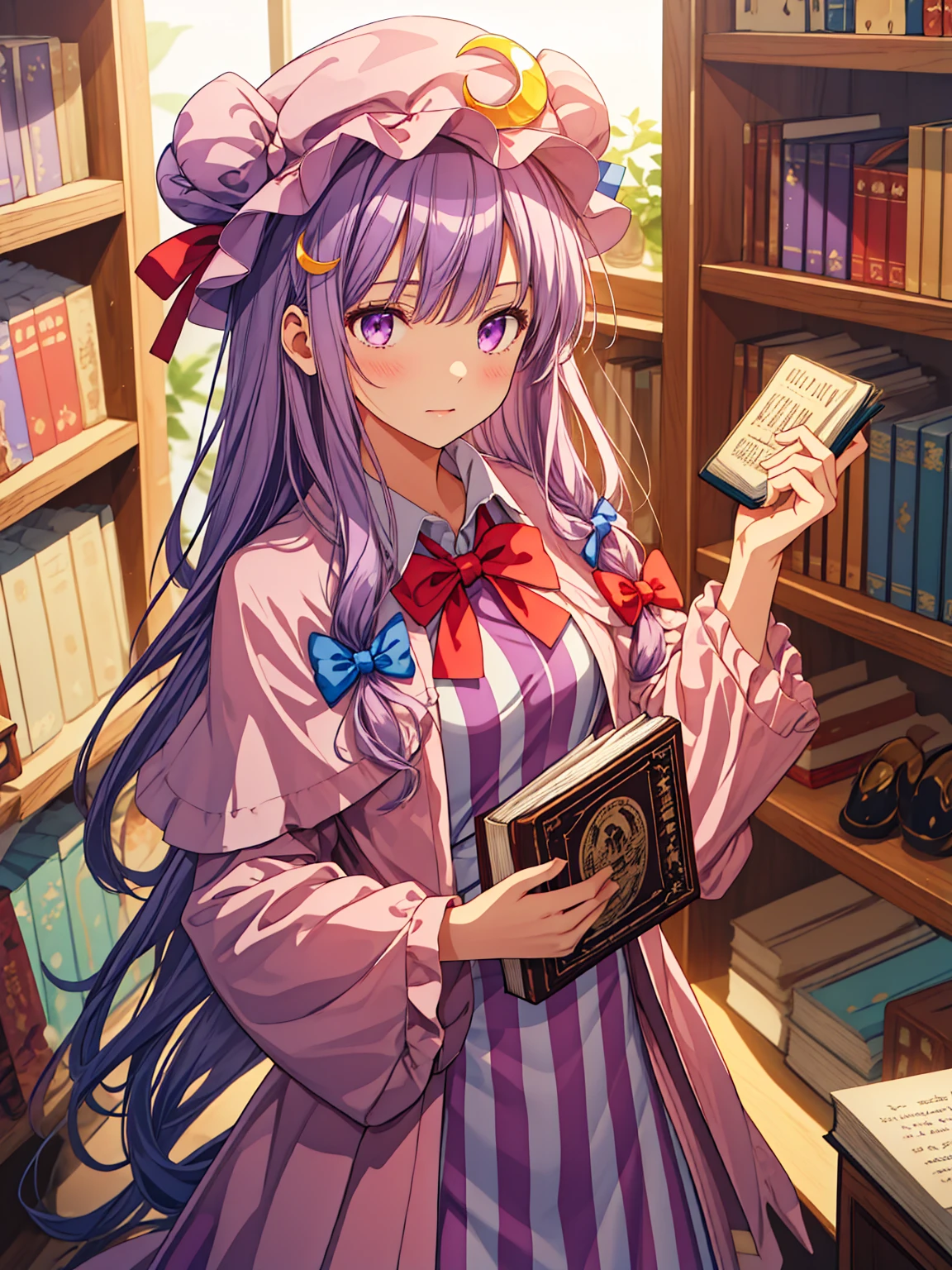 best quality, masterpiece, highres, solo, {patchouli_knowledge_touhou:1.15}, long_hair, purple_hair, crescent, purple_eyes, ribbon, hat, bow, bangs, mob_cap, hat_ornament, crescent_hat_ornament, hair_bow, red_bow, blue_bow, upper_body, book, red_ribbon, capelet, hat_ribbon, striped, very_long_hair, 1girl, blunt_bangs, dress, holding, holding_book, long_sleeves, looking_at_viewer, open_book, striped_dress, vertical-striped_dress, vertical_stripes, blue_ribbon, purple_dress, purple_headwear, sidelocks, bowtie, frills, purple_capelet, red_bowtie, sitting, wide_sleeves