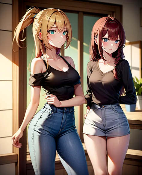 two girls, a girl with long light yellow hair and green eyes, second girl long dark red hair blue eyes, with casual clothes