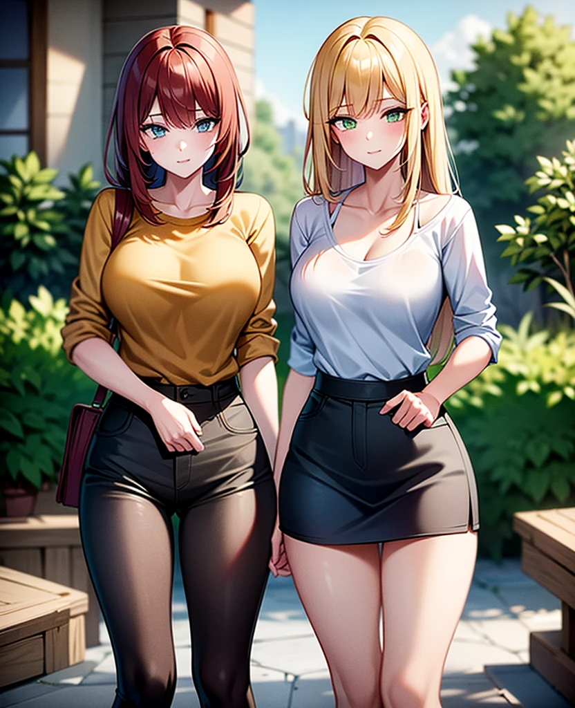 two girls, a girl with long light yellow hair and green eyes, second girl long dark red hair blue eyes, with casual clothes