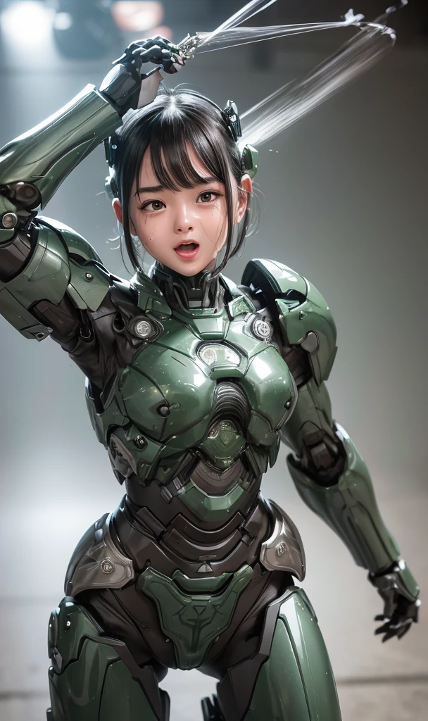 peau texturée, Super détaillé, Attention au détail, Haute qualité, 最Haute qualité, haute résolution, 1080P, disque dur, Beau,(machine de guerre),Beauサイボーグ女性,Fille Cyborg Mecha Vert Foncé,bataille,Fille au corps mécanique,、sourcils épais　filles du collège　Cheveux courts de garçon、Yeux marron moites、Visage en sueur、Expressions de joie　rougir　bouche ouverte, rire　rire très fort　Sourire mignon　Aux cheveux noirs　((De la vapeur sort de la tête)) (Vapeur sortant de tout le corps) pose cool　Brillant　la sueur vole