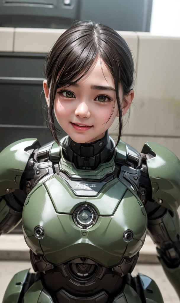 piel texturizada, Súper detallado, Atención a los detalles, alta calidad, 最alta calidad, Alta resolución, 1080p, disco duro, Hermoso,(Maquina de guerra),Hermosoサイボーグ女性,Chica Cyborg Mecha Verde Oscuro,batalla,Chica con cuerpo mecánico.,、cejas gruesas　niñas de secundaria　pelo corto juvenil、Ojos marrones sudorosos、cara sudorosa、Expresiones de alegría　rubor　boca abierta riendo　risa muy fuerte　linda sonrisa　Pelo negro　((Sale vapor de la cabeza)) (Sale vapor de todo el cuerpo.) Pose genial　Brillo　Sudor volando