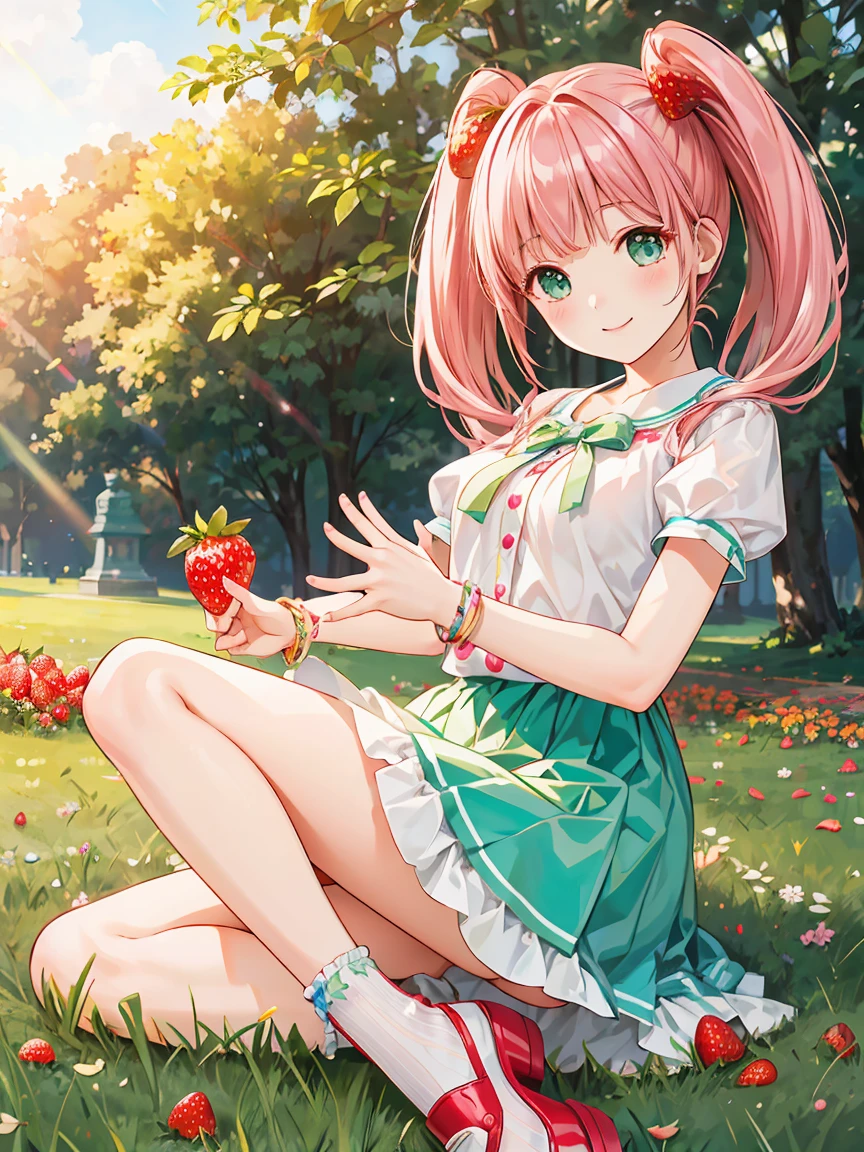 (realistic:1.37)、Octane rendering、morning park、Strawberry set、The girl has a twin tail hairstyle and a smile.、Strawberries fall from the sky、bright colors、soft sunlight、beautiful flowers、green grass、Fun atmosphere、Quiet environment、Fine texture、bright colors、Cute shoes and accessories、he looks happy