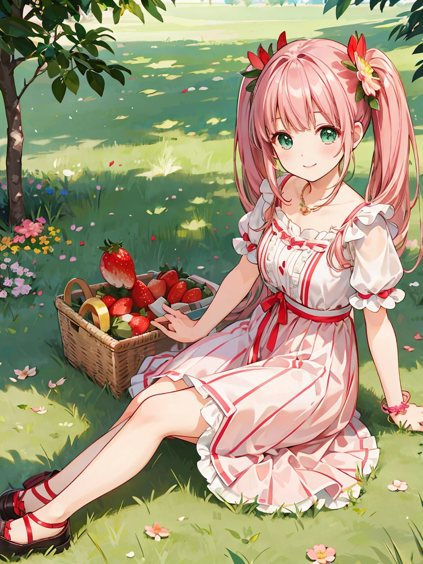 (realistic:1.37)、Octane rendering、morning park、Strawberry set、The girl has a twin tail hairstyle and a smile.、Strawberries fall from the sky、bright colors、soft sunlight、beautiful flowers、green grass、Fun atmosphere、Quiet environment、Fine texture、bright colors、Cute shoes and accessories、he looks happy