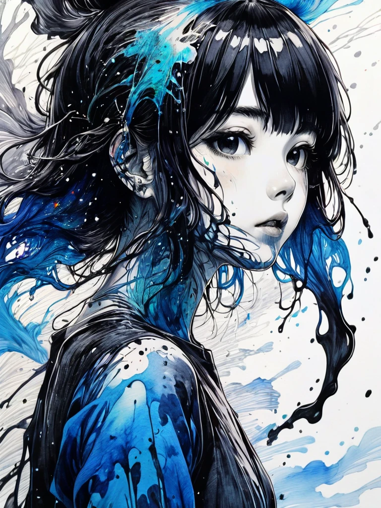 (masterpiece:1.2), ((Intricate details)), Cover art, chaos, Upper Body, One girl, Japanese Girls, Casual Hair, Black Hair, bangs, Forehead hair, high quality, (Ink Random 10 colors), ((Front view)), Dripping from the face, Clothes dripping, Ink dripping, (Additional weight 1:1.0), (Double exposure), Ink painting landscape、Body sideways, face forward