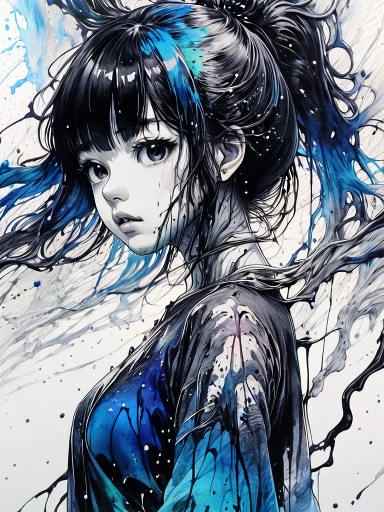 (masterpiece:1.2), ((Intricate details)), Cover art, chaos, Upper Body, One girl, Japanese Girls, Casual Hair, Black Hair, bangs, Forehead hair, high quality, (Ink Random 10 colors), ((Front view)), Dripping from the face, Clothes dripping, Ink dripping, (Additional weight 1:1.0), (Double exposure), Ink painting landscape、Body sideways, face forward