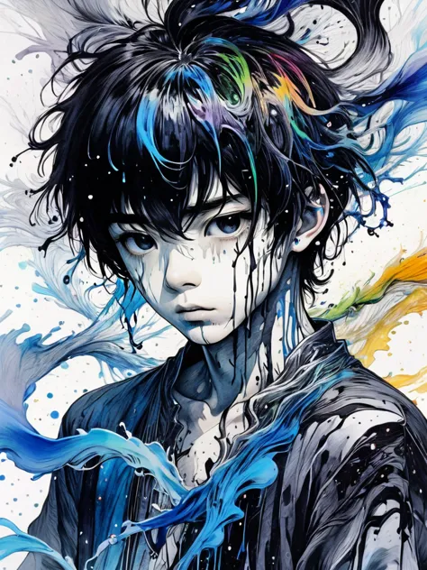 (masterpiece:1.2), ((intricate details)), cover art, chaos, upper body, one boy, japanese boy, casual hair, black hair, bangs, f...