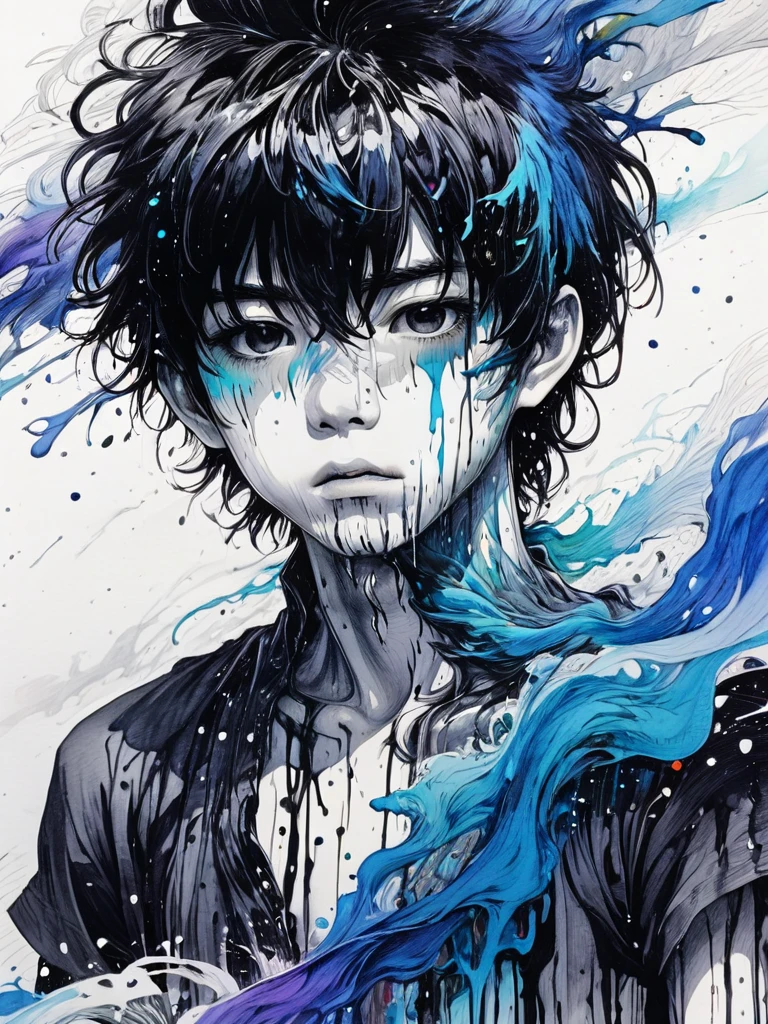 (masterpiece:1.2), ((Intricate details)), Cover art, chaos, Upper Body, One boy, Japanese Boy, Casual Hair, Black Hair, bangs, Forehead hair, high quality, (Ink Random 10 colors), ((Front view)), Dripping from the face, Clothes dripping, Ink dripping, (Additional weight 1:1.0), (Double exposure), Ink painting landscape、Body sideways, face forward