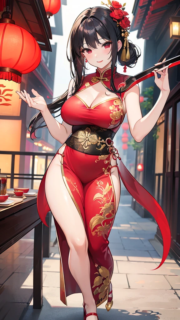 una mujer hermosa，Cheongsam de seda roja estándar，pelo negro，pechos grandes，Sexy，cuerpo delgado，Sosteniendo una espada larga china，espada larga ondeando， (hilo de bordar de oro)， (SEMEJANTE)，escote， ciudad，restaurante chino al aire libre，sonrisa，lápiz labial