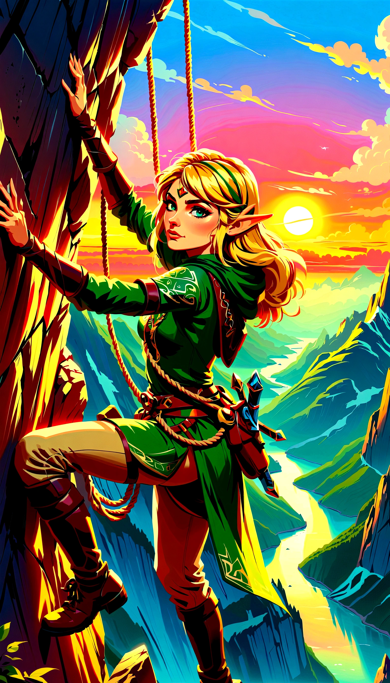 (best quality，8K，Ultra-high resolution，masterpiece)，very good，illustration，Shooting angles from top to bottom，Princess Zelda looks up，Blonde，blue eyes，Green clothes，Rock climbing action，steep，rope，Mountaineering，rock，Professional Display，sunrise，Beautiful scenery