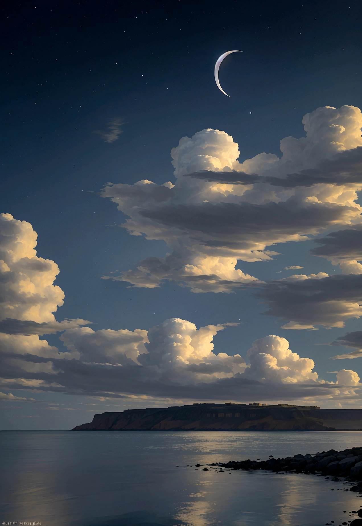 Der Mond und der sternenübersäte Nachthimmel verschmelzen mit dem Meer.，schöne Beschreibung，Schön，deprimiert，Der Schambereich ist transparent，Großartige Sinn, voller Details，Schick，Schön sky and clouds，Tief，Dunkelblau，Sternenlicht，Das Bild ist dunkel，Das&#39;Es&#39;wirklich schrecklich，Impressionismus，Ultra klar，Fantasy-Stil，Science-Fiction-Stil，Viel，da Vinci，Albert.Bierstadt，Wilhelm.Turner