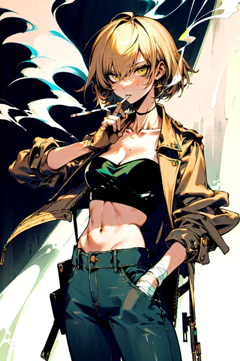 Blue coat，Food，Green bandeau，Wear motorcycle gloves，Brown Jeans，Beige short hair，Bandaged on the head，The expression is serious，...
