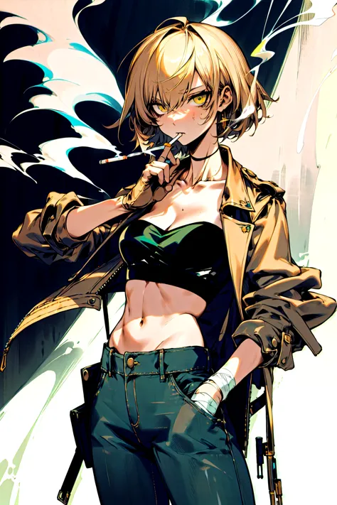 blue coat，food，green bandeau，wear motorcycle gloves，brown jeans，beige short hair，bandaged on the head，the expression is serious，...