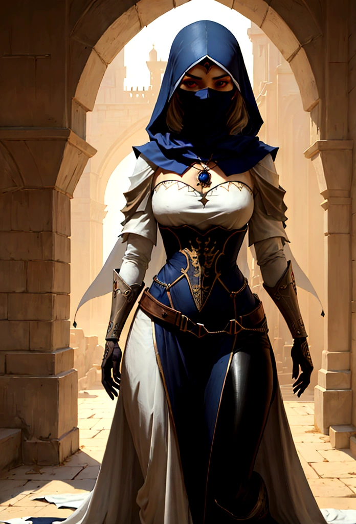 (full body of a medieval woman with a Hajib covering her mouth, She wears noble clothes and has brown eyes ), (innocent features)(cicatriz), ((good detailed eyes)) rosto ultra detaild, rpg concept art, art by greg rutkowski, art by ruan jia, arte de Ilya kuvshinov, ambiente darker, darker, character sheet, ultra detaild, ultra quality