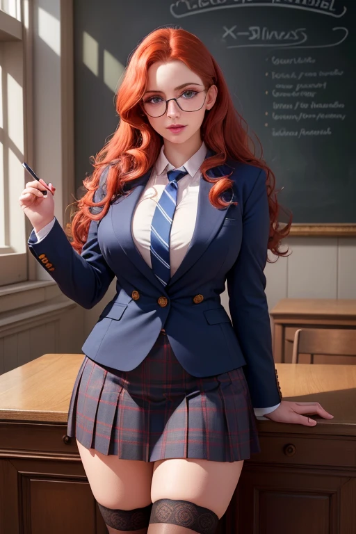 a beautiful young woman with long curly red hair, beautiful detailed eyes, large round glasses, beautiful detailed lips, extremely detailed eyes and face, freckles on her face, large bust, chubby, long eyelashes, wearing a blue blazer style uniform with tie and tight skirt, knee socks, standing in an anatomy club room, looking at the viewer with a sweet expression, surrounded by drawings of the human body on a blackboard, with a replica of the human bust on a table, (best quality,4k,8k,highres,masterpiece:1.2),ultra-detailed,(realistic,photorealistic,photo-realistic:1.37),HDR,UHD,studio lighting,ultra-fine painting,sharp focus,physically-based rendering,extreme detail description,professional,vivid colors,bokeh,portraits,photography,warm colors,dramatic lighting