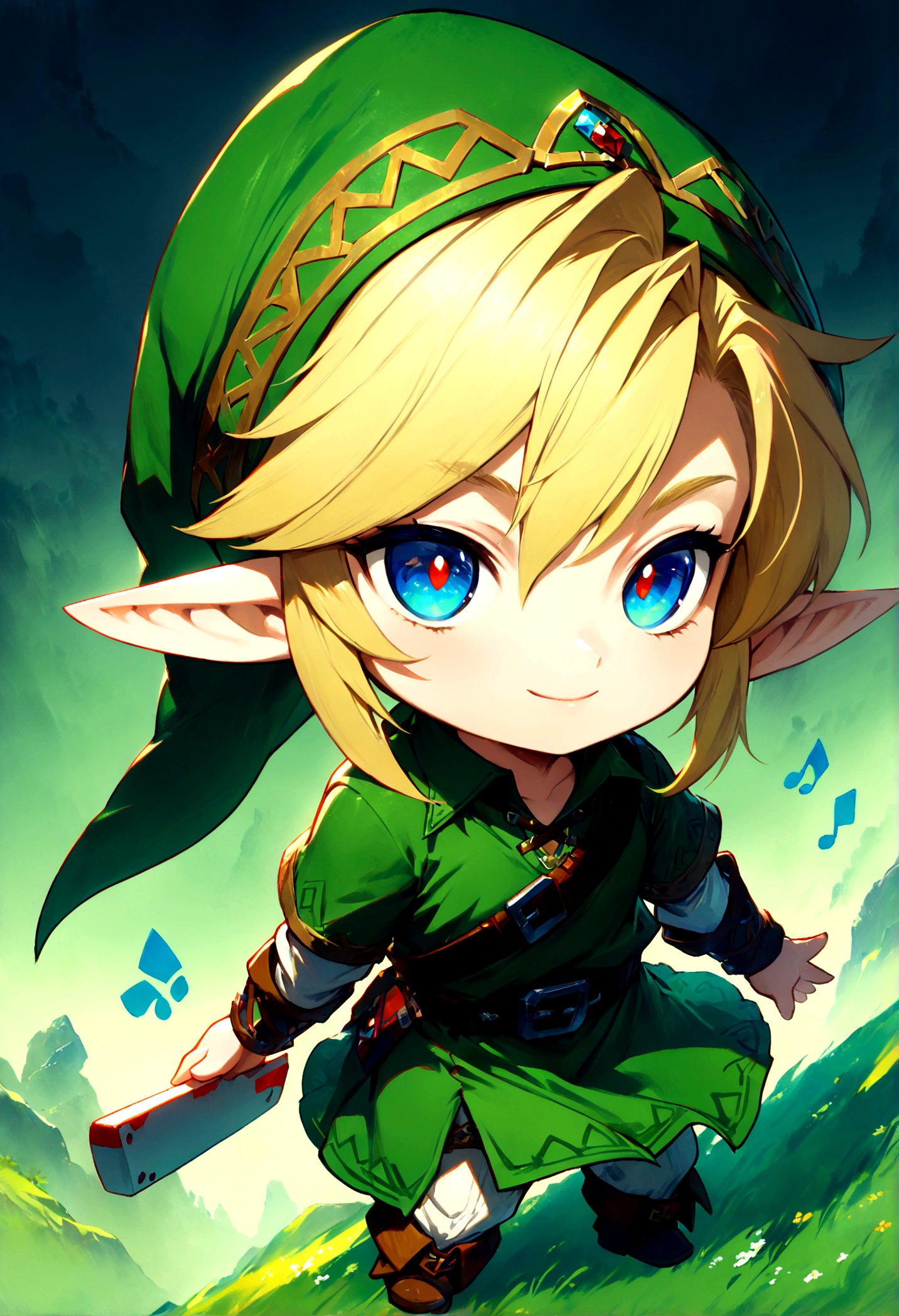 link_\(a lenda de Zelda\), link, Younglink, (chibi, Estúdio Flipnote:1.3), (melhor qualidade, obra de arte, alta qualidade, papel de parede extremamente detalhado da unidade CG 8k:1.2), Boa anatomia, rosto detalhado, 1 menino, cabelo loiro, verde tunic, Orelhas pontudas, tem, Sozinho, olhos azuis, verde_cinto de chapéu, arte conceitual, detalhe intrincado, corpo inteiro detalhado, rosto e olhos de anime detalhados extremamente bonitos, sorriso sedutor,