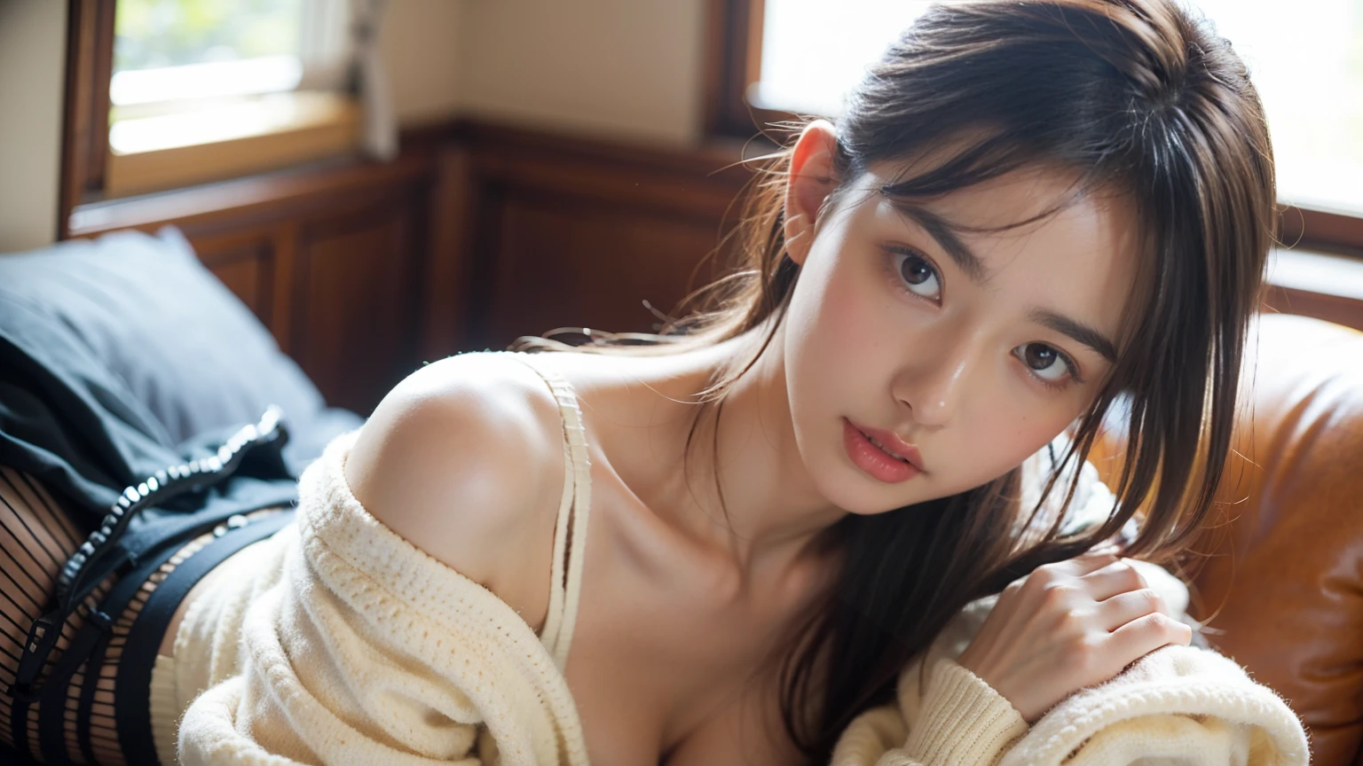 (((Realistic photograph))),全身を写すphotograph:2, beautiful girl, View your viewers, Wearing sexy off-the-shoulder fishnet leotard lingerie:1.77, (Cleavage:1.3),50階のリビングルームで撮影したphotograph:2.2、(Environment details:1.3),(RAWphotograph, CG unity, photograph, ultra Realistic details, Sharp focus, Detailed skin,4K, High resolution, masterpiece, Highest quality, Realistic, Vibrant:1.2),(32k,16K,8K,4K, 超High resolution, High resolution, Professional, movieのような, movie, dramatic),The large windows offer a beautiful view.:1.44,Look up at the camera:1.33