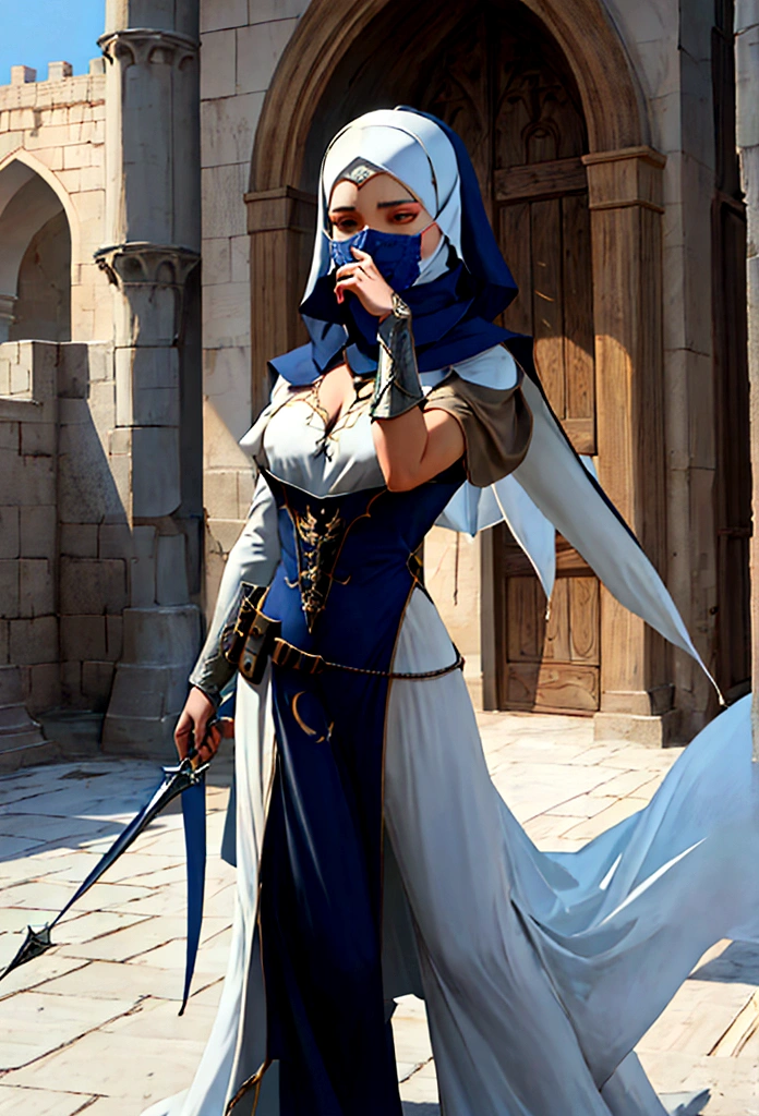 (full body of a medieval woman with a Hajib covering her mouth, She wears noble clothes and has brown eyes ), (innocent features)(cicatriz), ((good detailed eyes)) rosto ultra detaild, rpg concept art, art by greg rutkowski, art by ruan jia, arte de Ilya kuvshinov, ambiente darker, darker, character sheet, ultra detaild, ultra quality