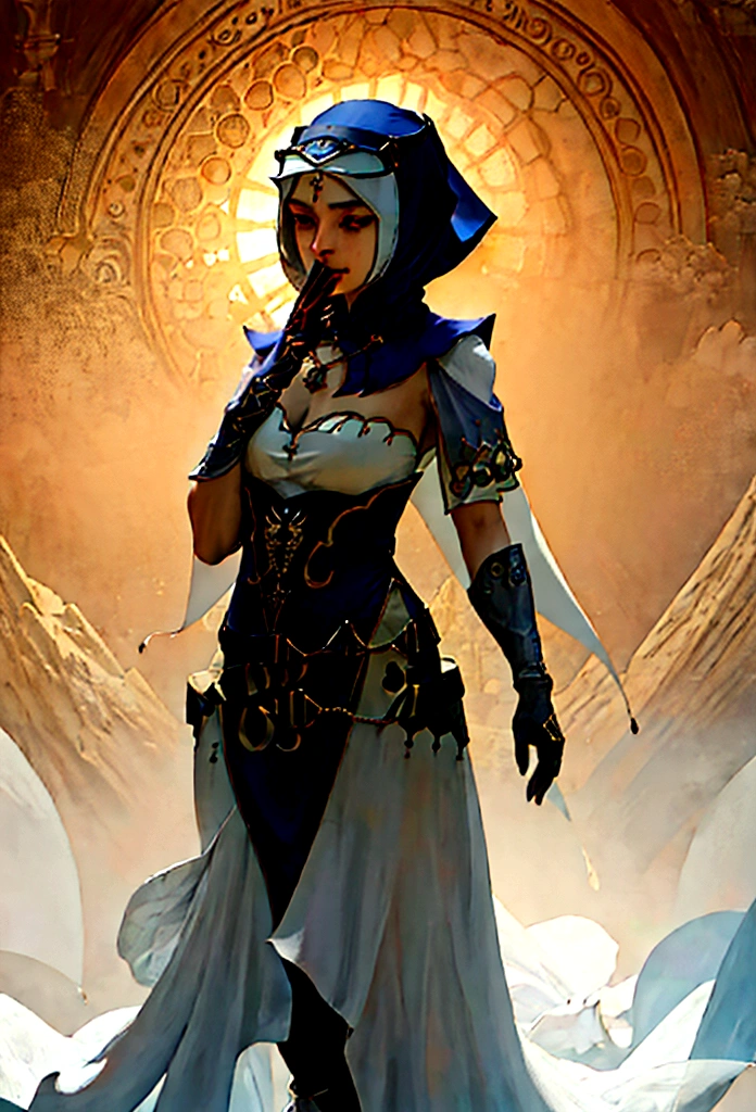 (full body of a medieval woman with a Hajib covering her mouth, She wears noble clothes and has brown eyes ), (innocent features)(cicatriz), ((good detailed eyes)) rosto ultra detaild, rpg concept art, art by greg rutkowski, art by ruan jia, arte de Ilya kuvshinov, ambiente darker, darker, character sheet, ultra detaild, ultra quality