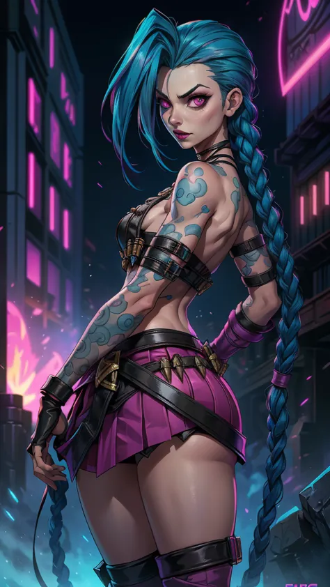 jinx arcane, uma mulher com hair blue e tatuagens, cyberpunk woman anime woman,(mini skirt pink :1.4) , pants, Beautiful angry c...