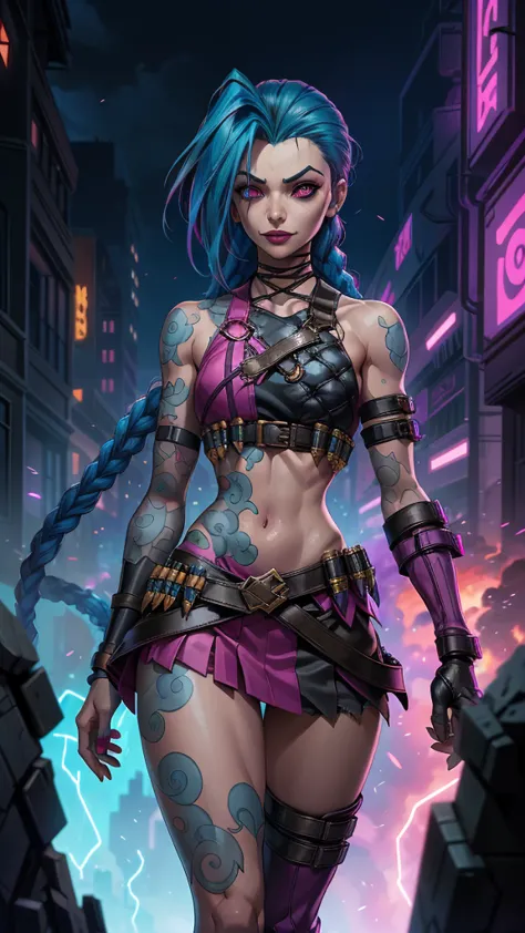 jinx arcane, uma mulher com hair blue e tatuagens, cyberpunk woman anime woman,(mini skirt pink :1.4) , pants, Beautiful angry c...