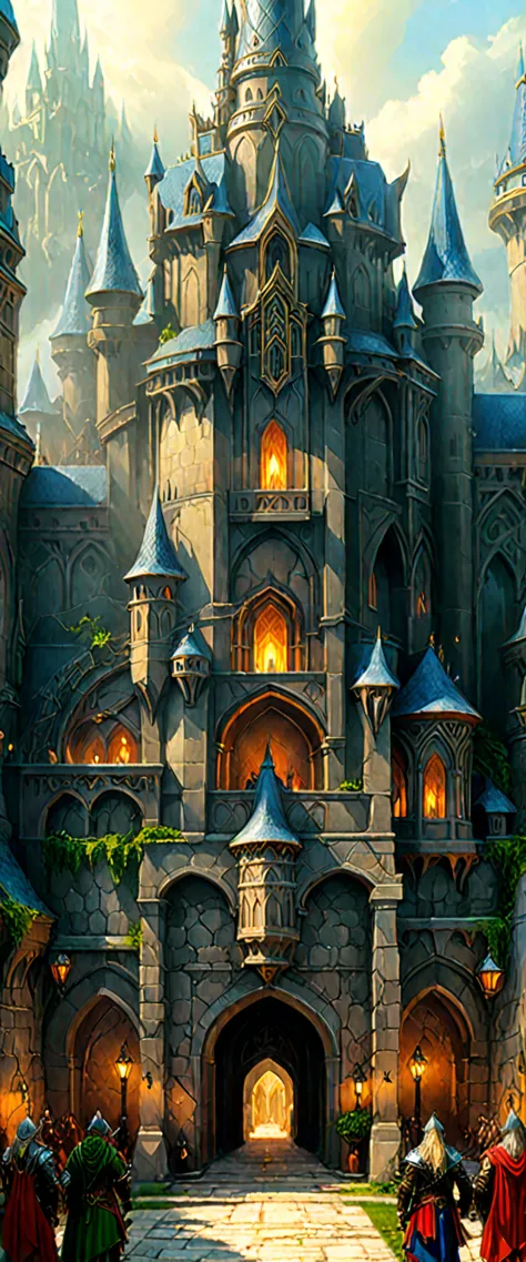 Close-up of a castle with lots of people walking around, by Marc Simonetti. Complex, Symmetrical epic fantasy art, Fantasy archi...