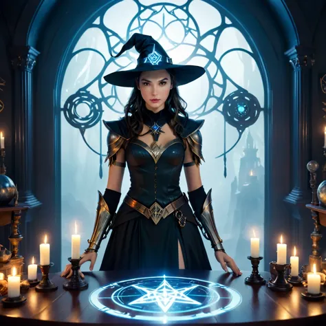 depicts a modern-day witch (Gal Gadot) who has embraced the world of cybernetics to enhance her magical abilities. The artwork s...