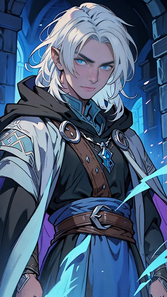 1male, medieval fantasy, beautiful, depressed, silver hair, blue skinned, detailed eyes, (rogue mage, black cloak), medieval fantasy, close up, ((best quality)), ((masterpiece)), (detailed), perfect face, cowboy shot 