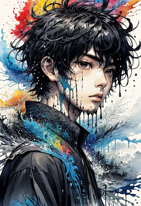 (masterpiece:1.2), ((intricate details)), cover art, chaos, upper body, one boy, japanese boy, casual hair, black hair, bangs, f...