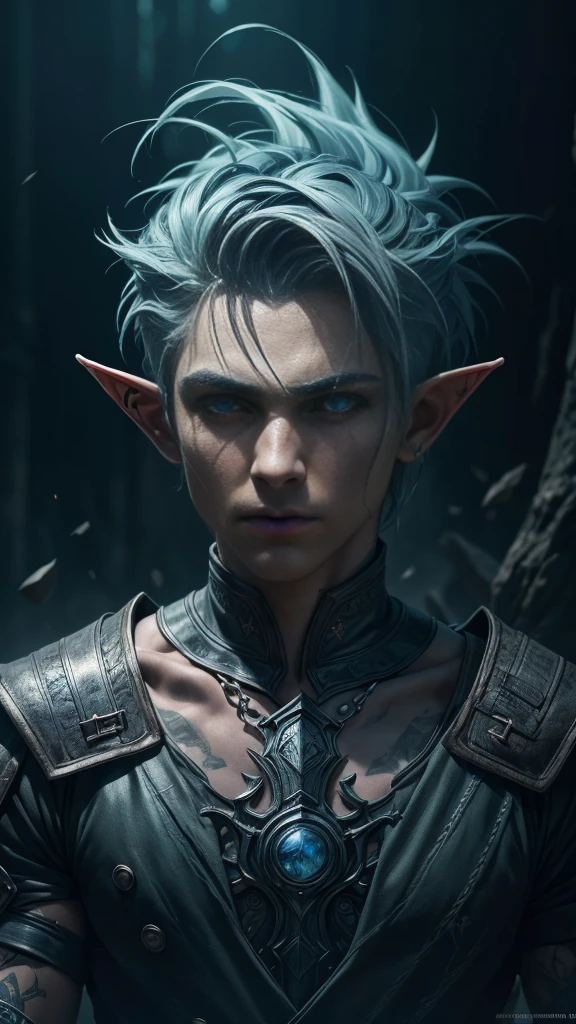 a young elf boy with emo style, short grayish-blue hair, clean-shaven face, (best quality,4k,8k,highres,masterpiece:1.2),ultra-detailed,(realistic,photorealistic,photo-realistic:1.37),detailed facial features, piercing eyes, delicate facial structure, detailed clothing, dark outfit, moody expression, fantasy character, dark fantasy,dark moody lighting,cinematic lighting