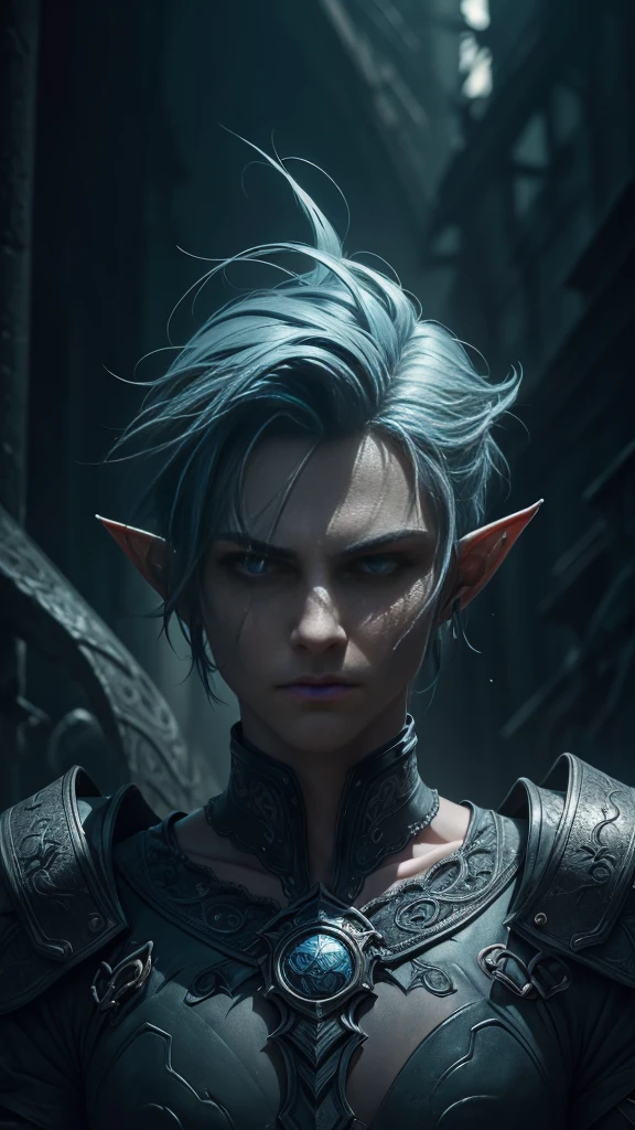 a young elf boy with emo style, short grayish-blue hair, clean-shaven face, (best quality,4k,8k,highres,masterpiece:1.2),ultra-detailed,(realistic,photorealistic,photo-realistic:1.37),detailed facial features, piercing eyes, delicate facial structure, detailed clothing, dark outfit, moody expression, fantasy character, dark fantasy,dark moody lighting,cinematic lighting
