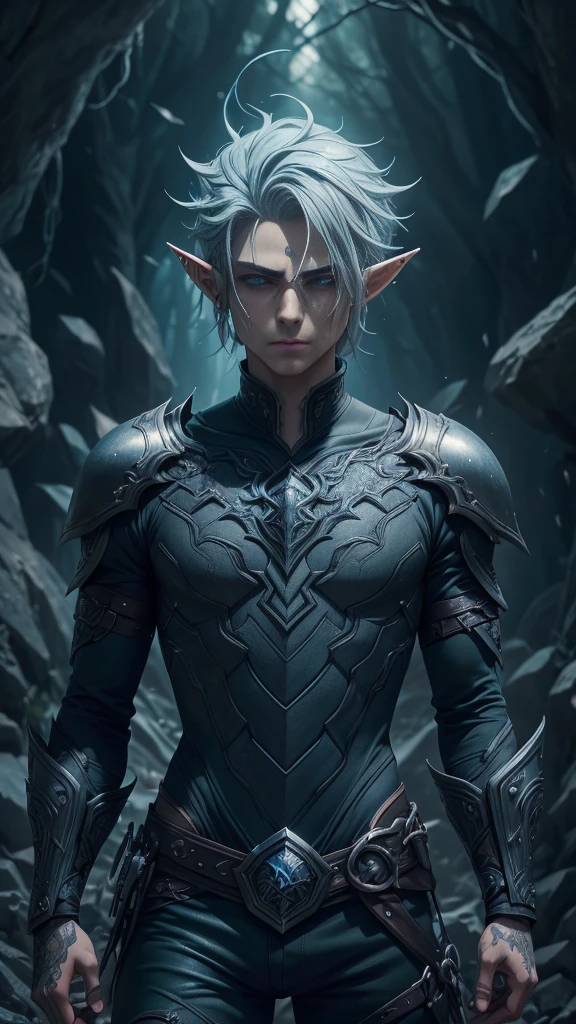 a young elf boy with emo style, short grayish-blue hair, clean-shaven face, (best quality,4k,8k,highres,masterpiece:1.2),ultra-detailed,(anime:1.37),detailed facial features, piercing eyes, delicate facial structure, detailed clothing, dark outfit, moody expression, fantasy character, dark fantasy,dark moody lighting,cinematic lighting