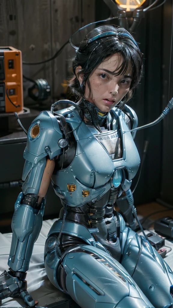 (((masterpiece))), (((Highest quality))), ((Very detailed)), (Very detailed), ((Embarrassing)), ((Kamen Rider)), ((cyan light)) ((Very delicate and beautiful)),(Cute and delicate face),Cinematic Light,((Mature Woman)),alone,whole body,(Machine made joints:1.4),((Mechanical Limbs)),(Blood vessels connected to tubes),((Mechanical vertebrae attached to the back)),((Cervical vertebrae mechanically attached to the neck)),((Sitting)),Sexy Looks,(Wires and cables connecting the head and body:1.5),(Character Focus),SF Black Hair　Sweaty face　cute　wearing a robot suit　Middle-aged women　Lying in bed